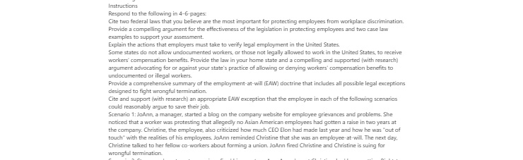 [Solved] In this assignment, you evaluate and assess workplace protection legislation, identify the law pursuant to the employment-at-will (EAW) doctrine
