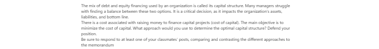 [Solved] The mix of debt and equity financing used by an organization is called its capital structure.
