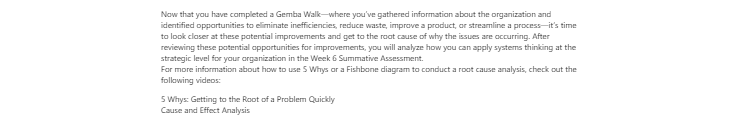 [Solved] Now that you have completed a Gemba Walk where you’ve gathered information about the organization and identified opportunities to eliminate inefficiencies