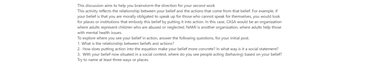 [Solved] What is the relationship between beliefs and actions? How does putting action into the equation make your belief more concrete? In what way is it a social statement?
