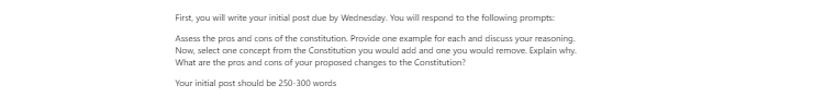 [Solved] Assess the pros and cons of the constitution. Provide one example for each and discuss your reasoning 