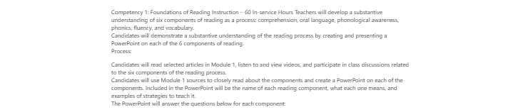 [Solved] Foundations of Reading Instruction  60 In-service Hours Teachers will develop a substantive understanding of six components of reading as a p