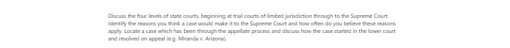 [Solved] Discuss the four levels of state courts, beginning at trial courts of limited jurisdiction through to the Supreme Court. Identify the reasons you think a case would make it to the Su