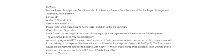 [Solved] Hi Writer  Module Project Management Technique ( ebook- take one reference from