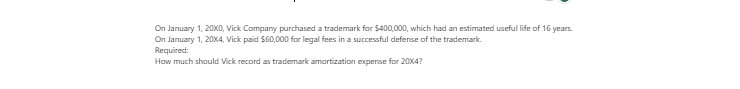 [Solved] On January 1, 20X0, Vick Company purchased a trademark for $400,000, which had an estimated useful life of 16 years. On January 1, 20X4, Vick paid $60,000 for legal fees in a successful defense of the